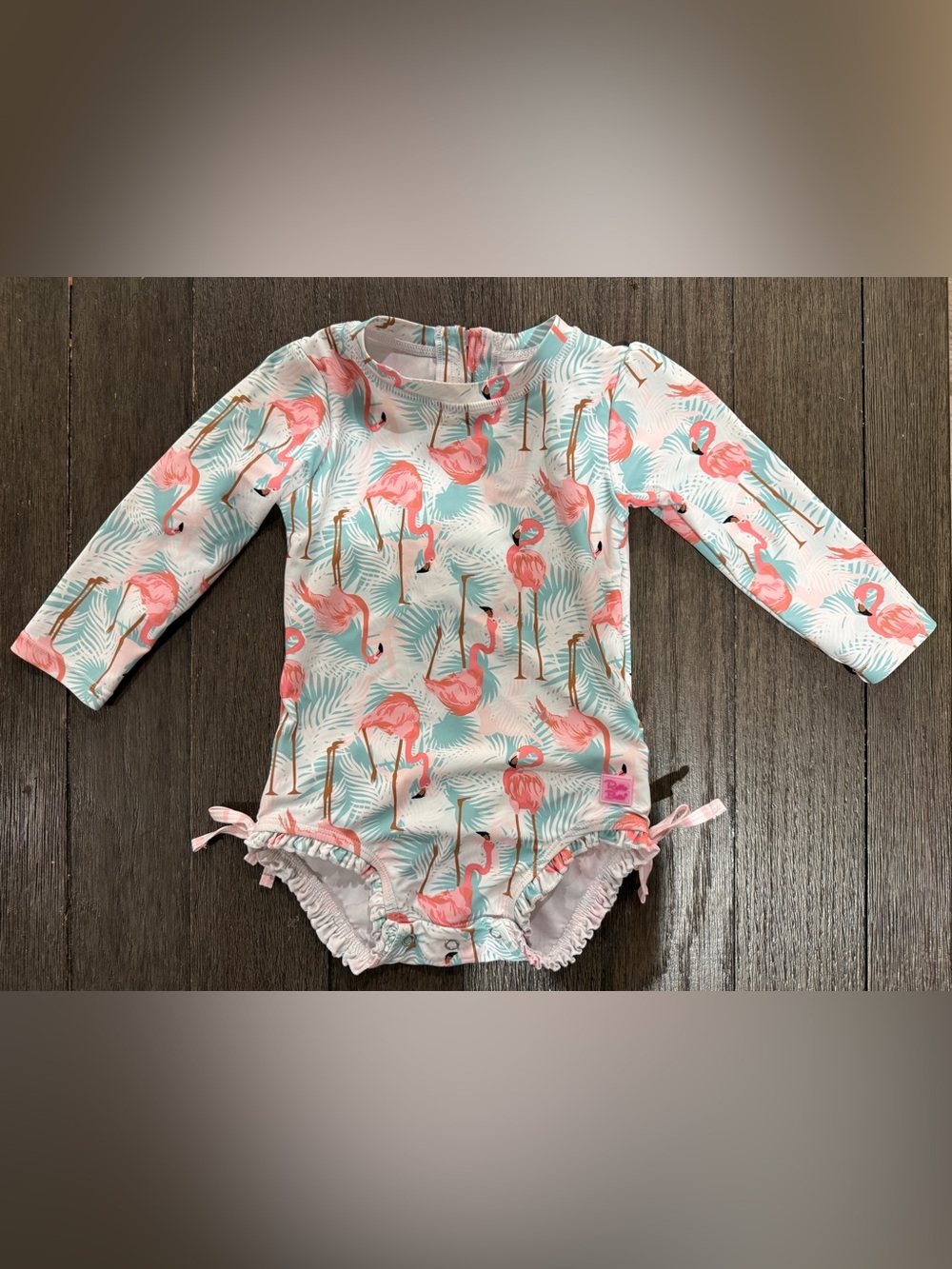 Ruffle Butts Pink Flamingo Long-Sleeve One-Piece Swimsuit with Aqua Leaves